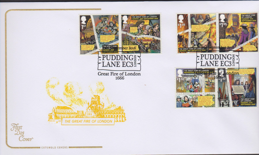 2016 - The Great Fire ,Cotswold First Day Cover, Pudding Lane London EC3 Pictorial Postmark